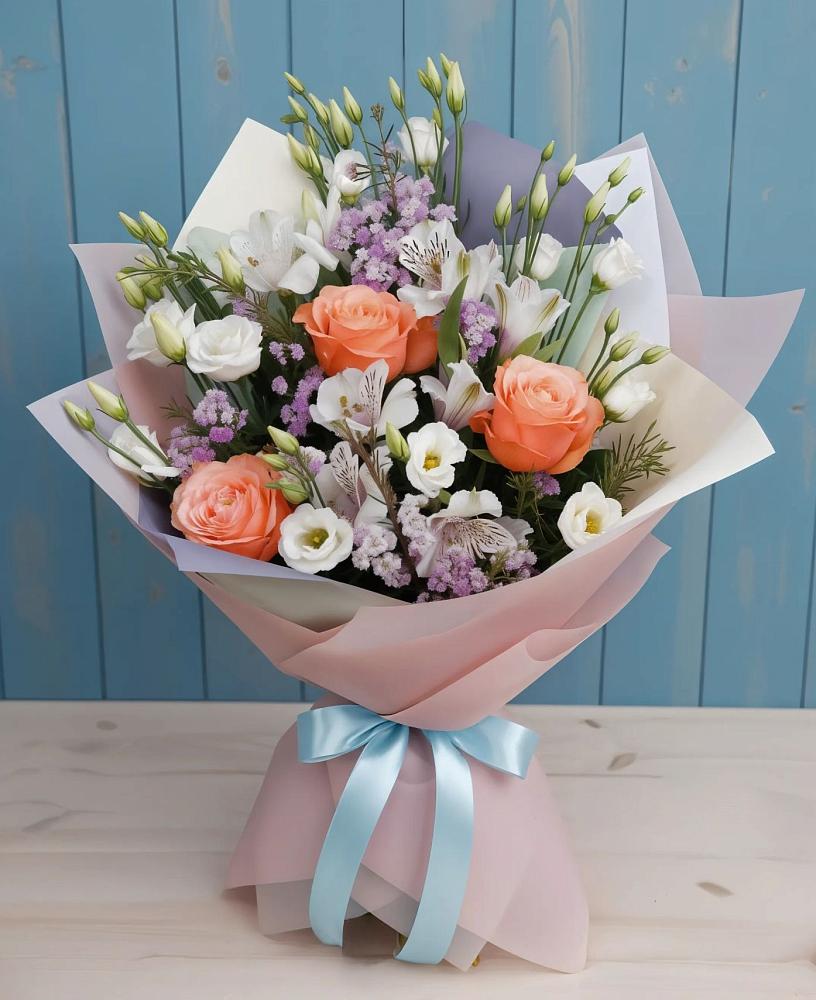 Букет цветов из: Лизиантусы, Розы, Альстромерии и Гипсофила в Часцы