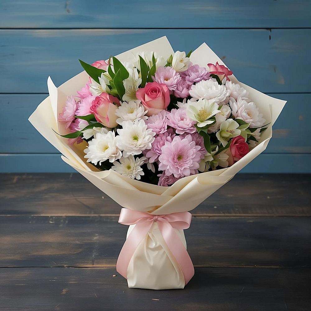 Букет цветов из: Хризантемы, Альстромерии и Розы в Часцы